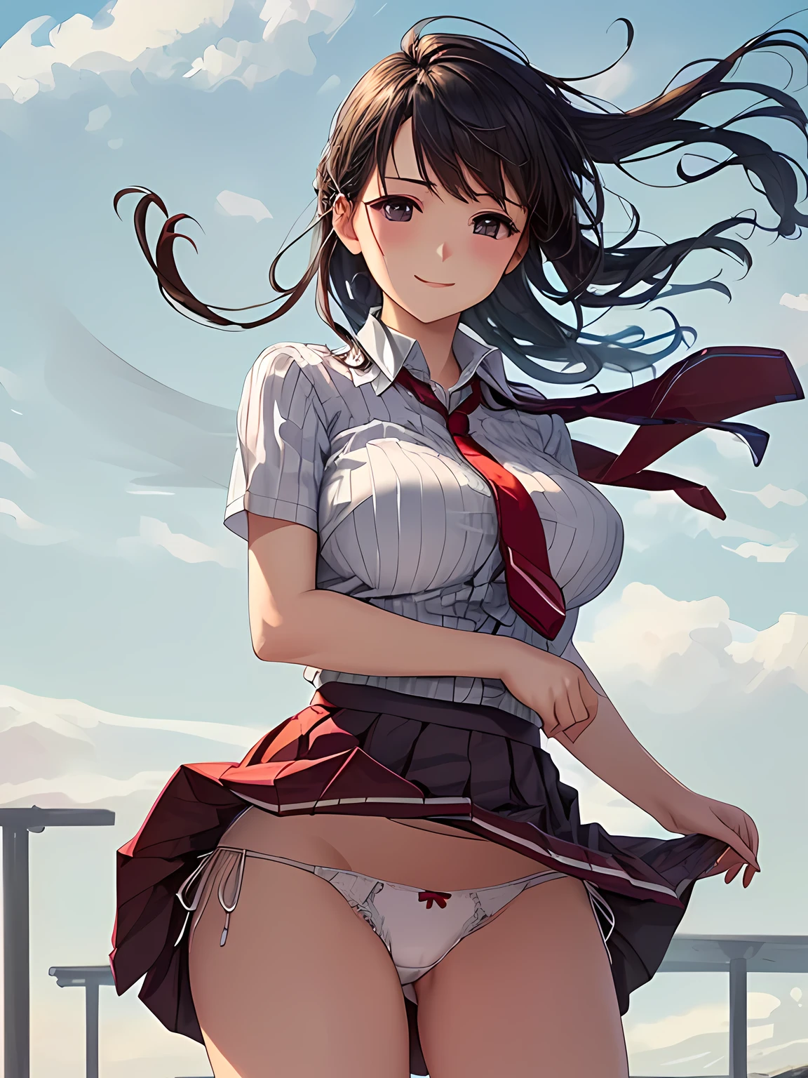 masterpiece, (realistic, photo realistic:1.2), ((highest quality), extremely fine and beautiful, beautiful face details, real human skin, realistic, photorealistic, 1girls、smile on face、Chisato Nishikiki、cow-boy shot、Student uniforms, shirt with collar, necktie, Red skirt、huge long breasts, Big breasts emphasis、Naughty thighs、H-cup、solo、Burst breasts、White shirt、White underwear、(wind、wind lift、Skirt lifted by the wind、Skirt rolled up by the wind、Skirt flutters:1.5)、(Fully exposed panties:1.5)、(white ribbed panties:1.5)、(standing a:1.7),