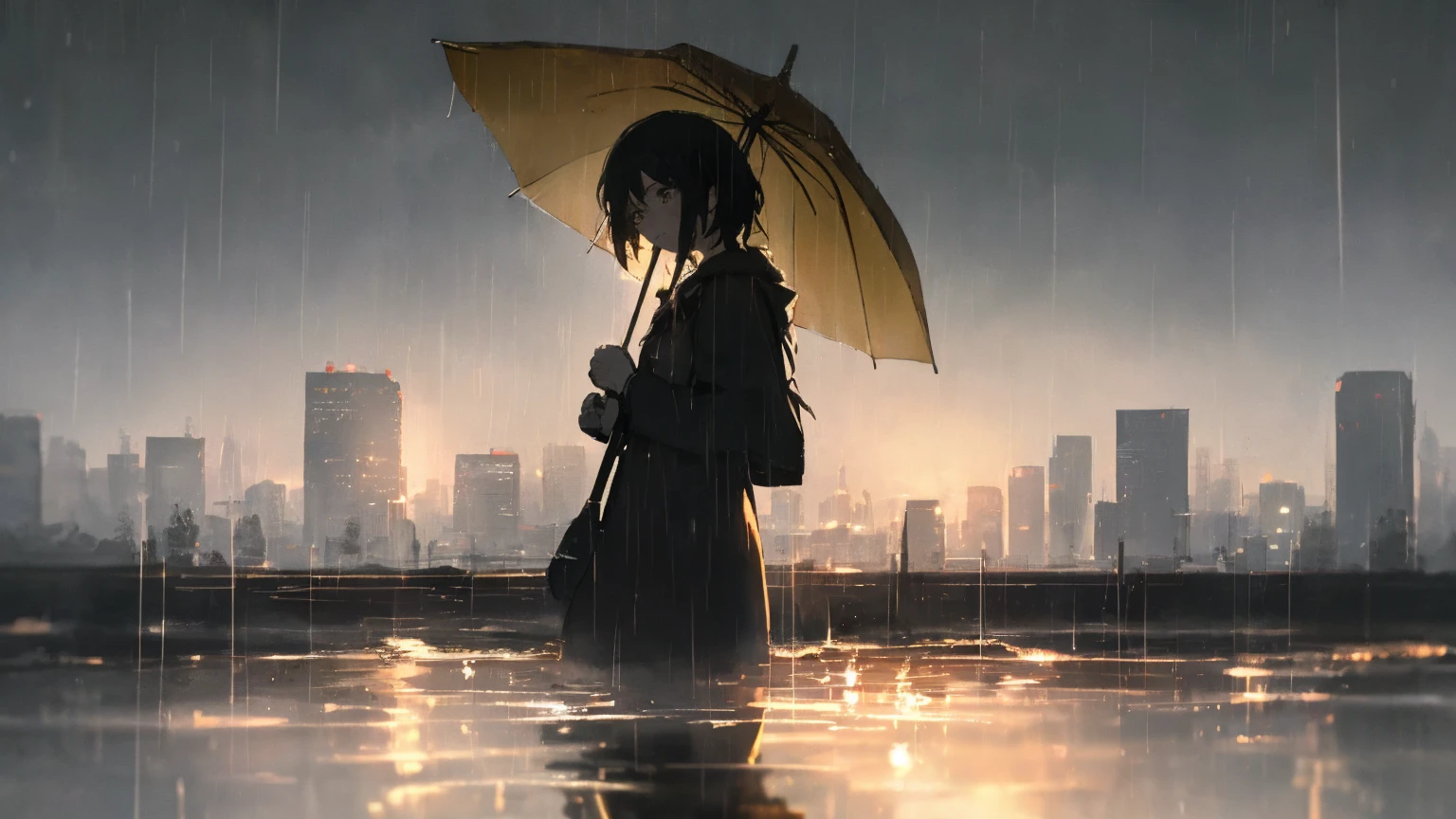 "Set in a cinematic 16:9 aspect ratio, envision a rainy day scene capturing a mood of solitude and reflection. A girl with a yellow umbrella stands at the edge of a quiet street, her silhouette framed against the misty backdrop of urban buildings blurred by rain. The atmosphere is tinged with melancholy, emphasized by the soft, diffused light and the gentle patter of raindrops. The girl's expression suggests a blend of introspection and resilience, as she gazes into the distance, her umbrella casting a warm glow amid the cool, rainy ambiance."