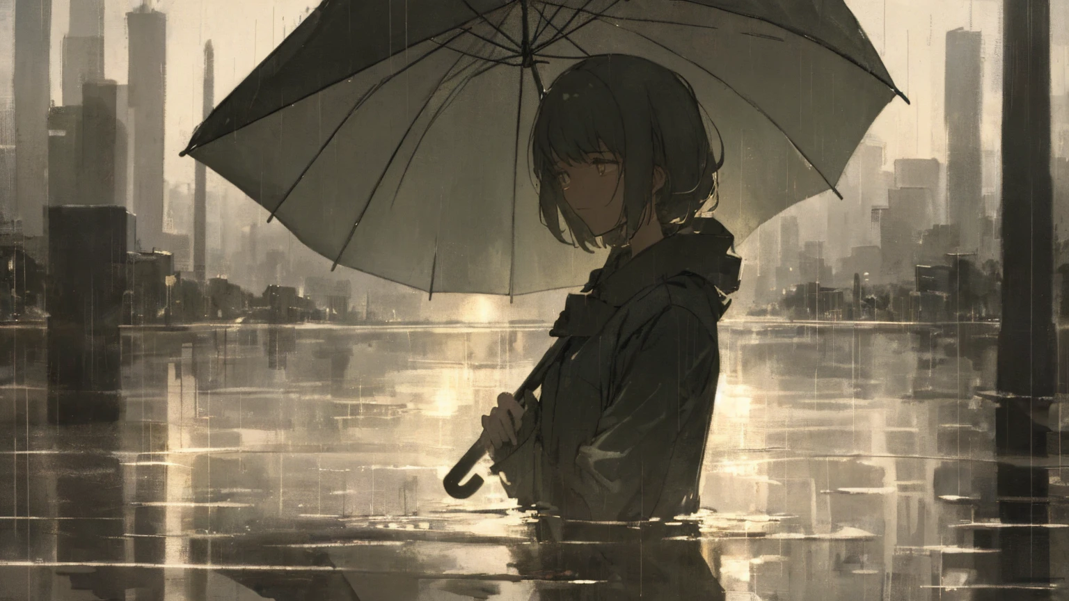 "Set in a cinematic 16:9 aspect ratio, envision a rainy day scene capturing a mood of solitude and reflection. A girl with a yellow umbrella stands at the edge of a quiet street, her silhouette framed against the misty backdrop of urban buildings blurred by rain. The atmosphere is tinged with melancholy, emphasized by the soft, diffused light and the gentle patter of raindrops. The girl's expression suggests a blend of introspection and resilience, as she gazes into the distance, her umbrella casting a warm glow amid the cool, rainy ambiance."