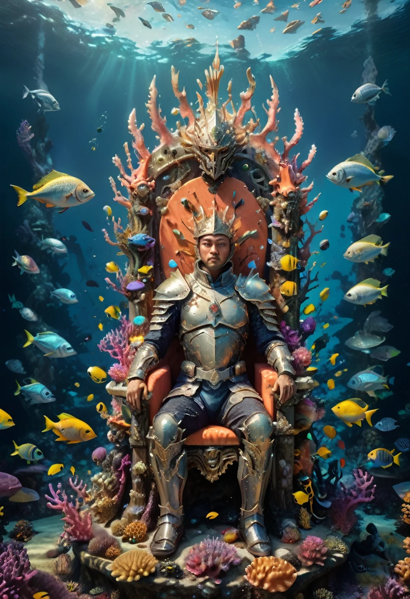 (Throne of Power), Surrealist style, warriors wearing pearl inlaid armor sit on a coral throne surrounded by colorful schools of fish and strange underwater creatures, holding glowing tridents to protect the tranquility and balance of the ocean. The background is the deep sea, (Photography), award-winning, cinematic still, emotional, vignette, dynamic, vivid, (masterpiece, best quality, Professional, perfect composition, very aesthetic, absurdres, ultra-detailed, intricate details:1.3)