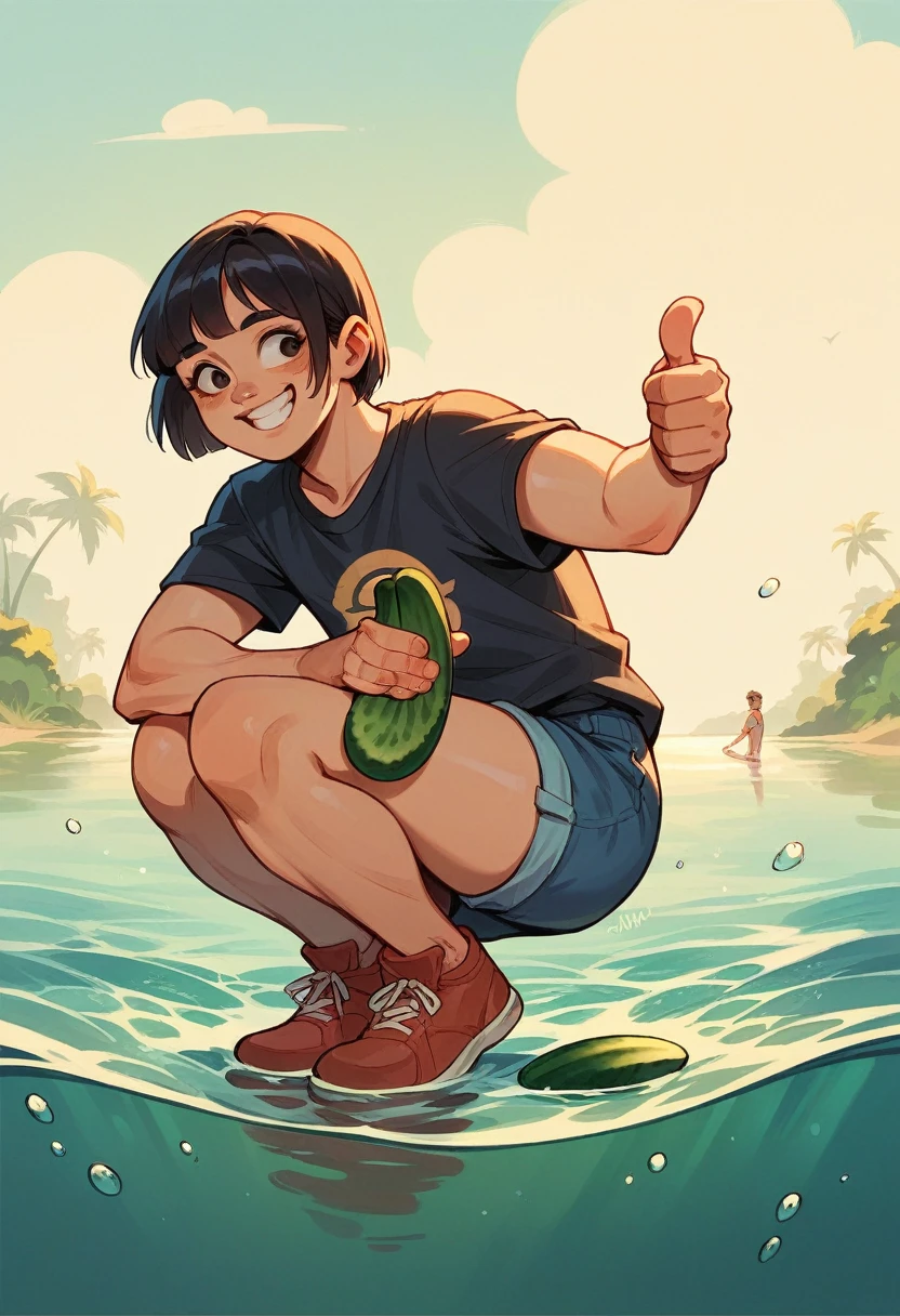 a young Asian woman is sitting squatting wide (water is gushing out), hands giving thumbs up on a beach, behind her is seen standing a queue of dashing smiling men carrying a black wooden blunt resembling the shape of a slimy cucumber