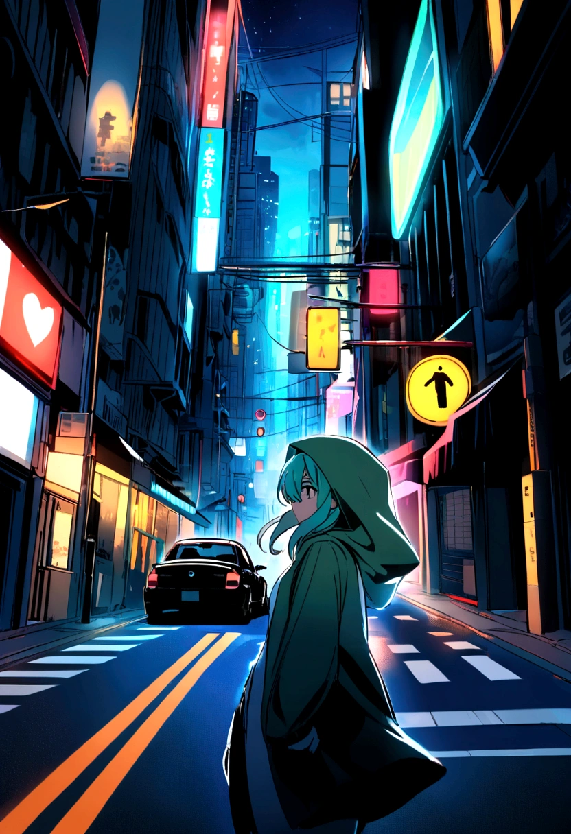 Hatsune Miku Hood Black City at night Street Under traffic lights  crossing