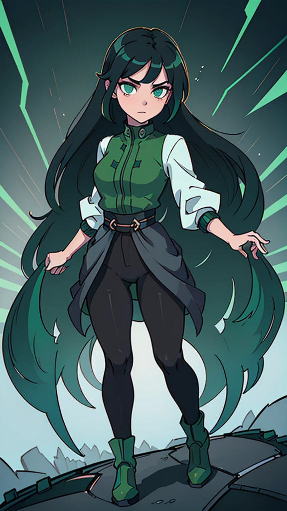 masterpiece, highest quality, (solo focus), (perfect face:1.1), (full body), (high detail:1.1), (hyper-detailed eyes), dramatic, a woman with pale skin and voluminous dark green-black hair, green eyes, solo, two-toned hair, arrogant expression, cybernetic outfit, art by artgerm, cinematic lighting, fashion, BalenciagaStyle