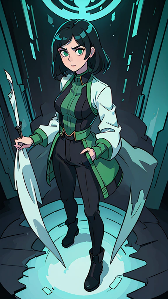 masterpiece, highest quality, (solo focus), (perfect face:1.1), (full body), (high detail:1.1), (hyper-detailed eyes), dramatic, a woman with pale skin and voluminous dark green-black hair, green eyes, solo, two-toned hair, arrogant expression, cybernetic outfit, art by artgerm, cinematic lighting, fashion, BalenciagaStyle