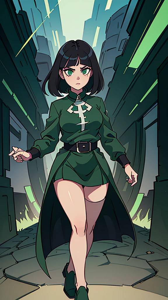 masterpiece, highest quality, (solo focus), (perfect face:1.1), (full body), (high detail:1.1), (hyper-detailed eyes), dramatic, a woman with pale skin and voluminous dark green-black hair, green eyes, solo, two-toned hair, arrogant expression, cybernetic outfit, art by artgerm, cinematic lighting, fashion, BalenciagaStyle