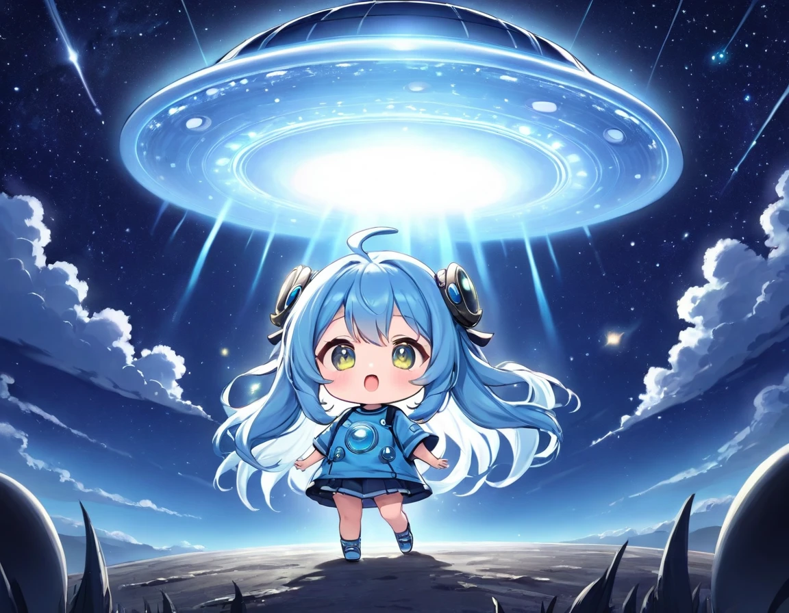 Light blue long hair、Twin-tailed Chibi Character、T-shirt and jeans、Dark Eyes、Scary face、A large unidentified flying object (UFO) is flying、Aliens descended from a UFO、Chibi characters with aliens、A shining light from the UFO、Starry Sky、Moonlit Night、milky way、Aliens have appeared