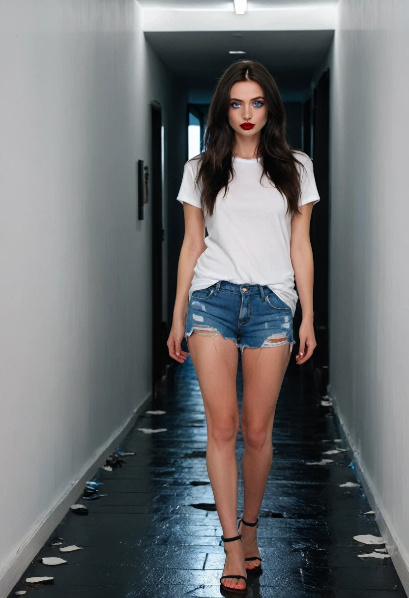 Masterpiece, realist, high resolution, high quality, 4k, cinematic lighting, Stunning brunette, bright blue eyes, smooth black fur, Ripped Skinny Denim Shorts, barefoot, He is wearing a tight white t-shirt, Big and swollen red lips., standing in a hallway.