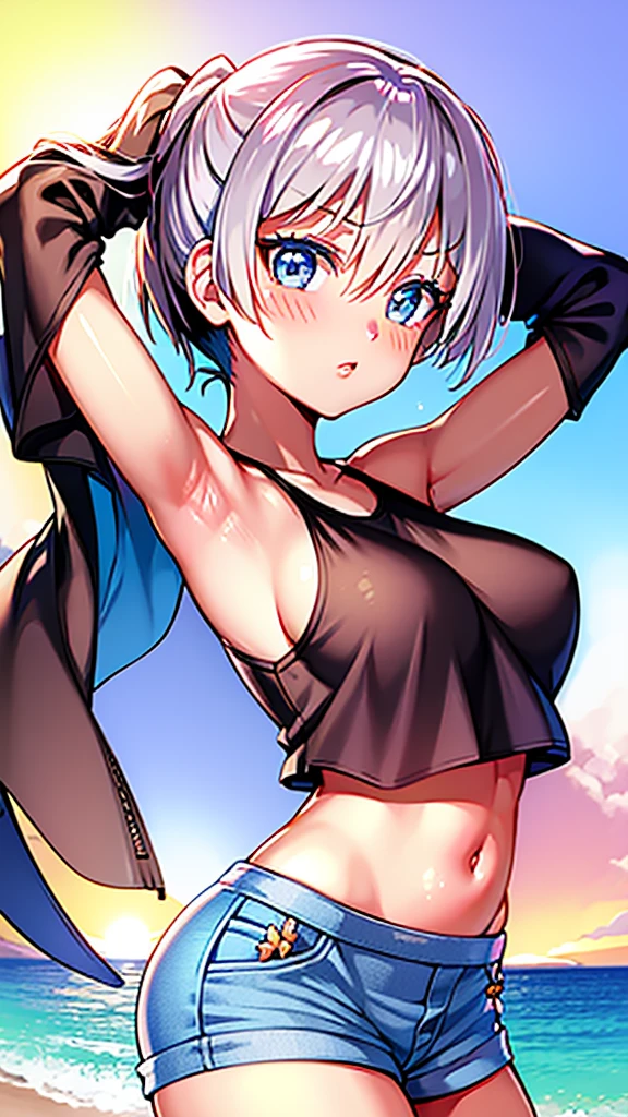 True Face stand alone 5pm Sunset bright from the front straight low length Cowboy Shot Place your arms behind your head Belly button Ocean Beach Show me your armpit hair Beauty blush Tank top Shorts