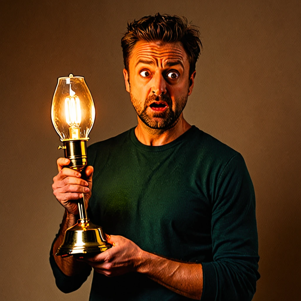 Front man holding a lamp, with a scared face