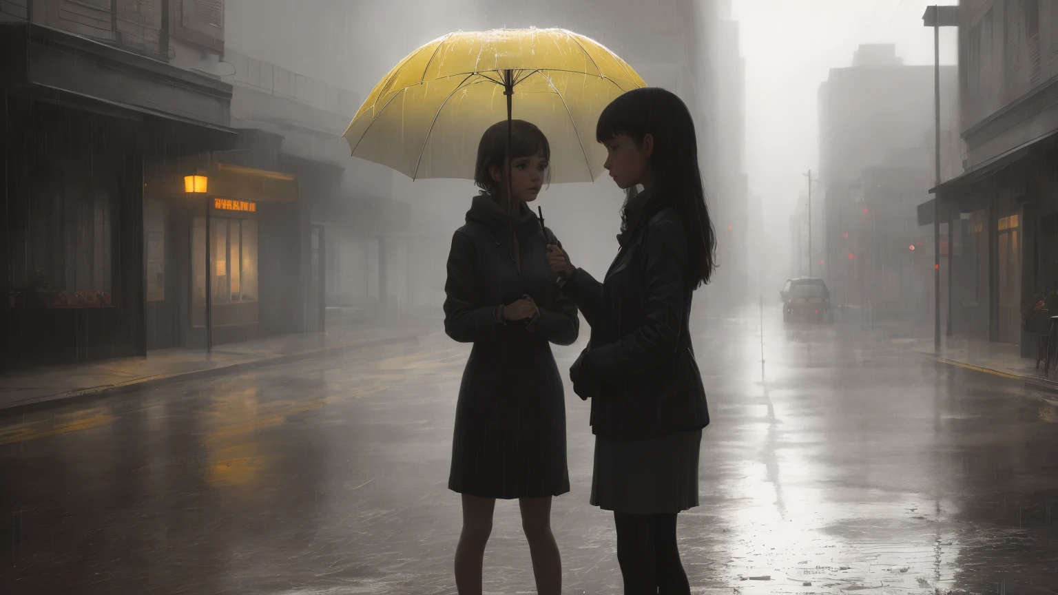 "Set in a cinematic 16:9 aspect ratio, envision a rainy day scene capturing a mood of solitude and reflection. A girl with a yellow umbrella stands at the edge of a quiet street, her silhouette framed against the misty backdrop of urban buildings blurred by rain. The atmosphere is tinged with melancholy, emphasized by the soft, diffused light and the gentle patter of raindrops. The girl's expression suggests a blend of introspection and resilience, as she gazes into the distance, her umbrella casting a warm glow amid the cool, rainy ambiance."