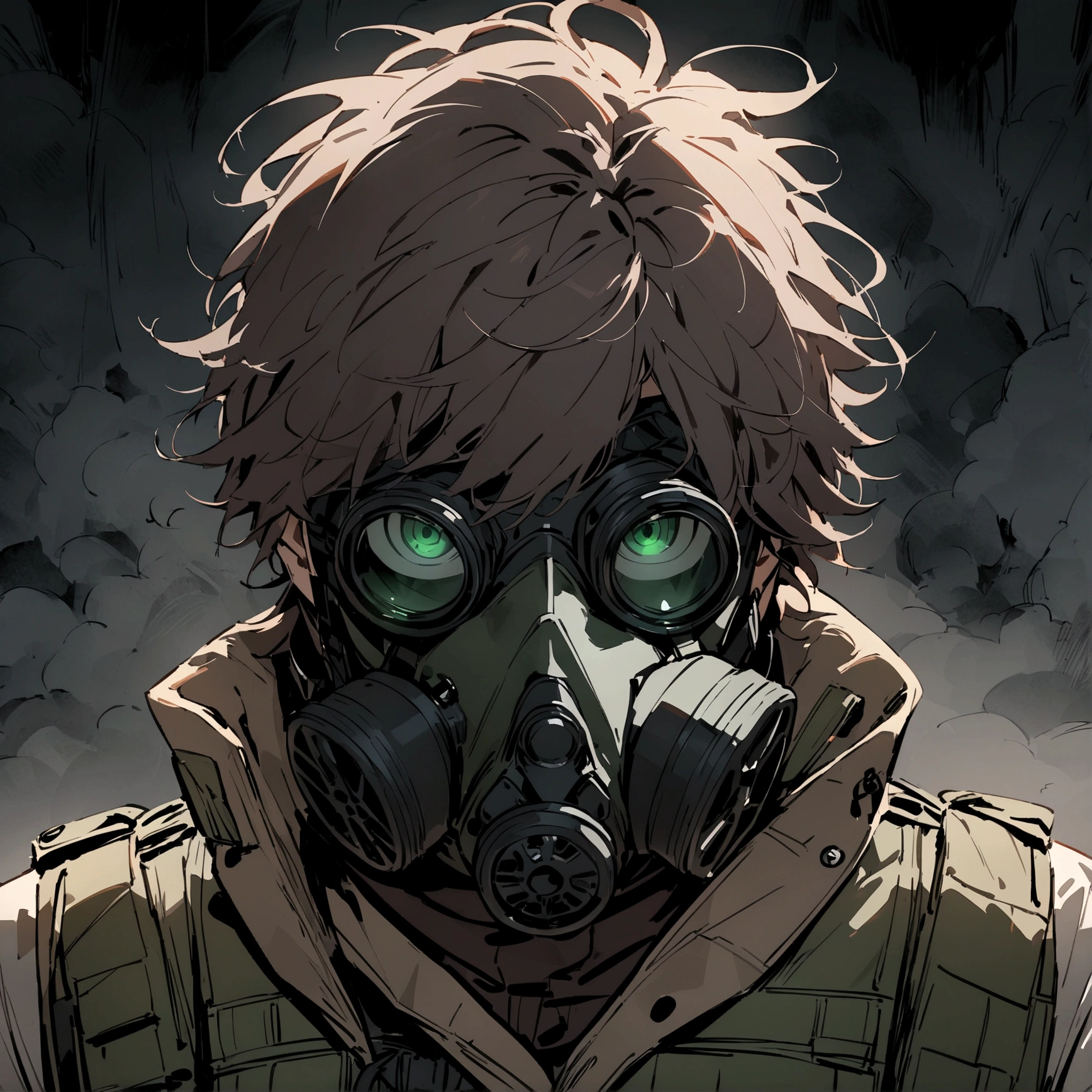 (masterpiece), best quality, Male, maroon messy hair, hair bun, brown fur lined coat, tactical vest, upper body view, gas-mask, Black M50 gas-mask, male, masculine, wearing a coat over the vest, male, green lenses, masked, hidden face, male soldier, portrait view