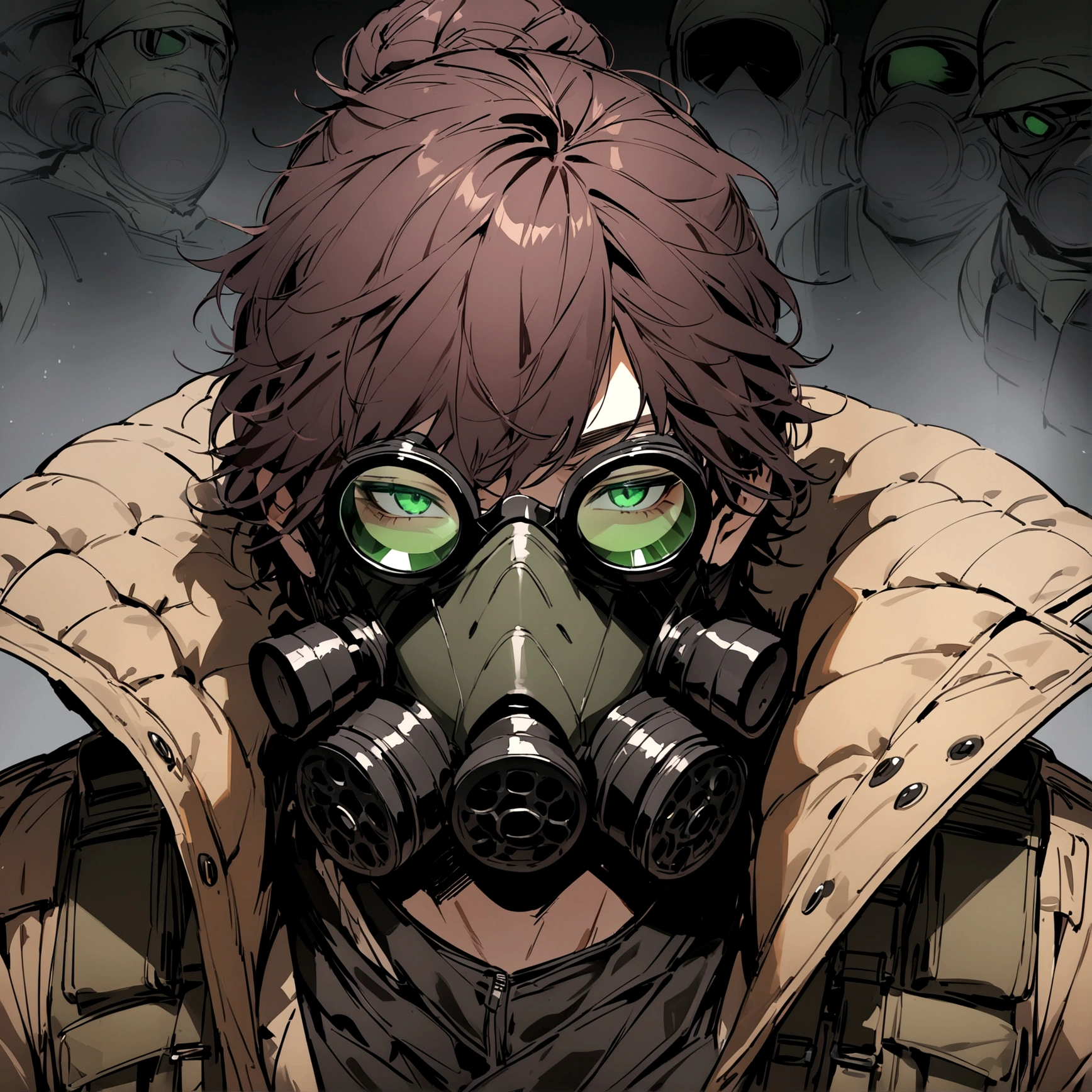 (masterpiece), best quality, Male, maroon messy hair, hair bun, brown fur lined coat, tactical vest, upper body view, gas-mask, Black M50 gas-mask, male, masculine, wearing a coat over the vest, male, green lenses, masked, hidden face, male soldier, portrait view
