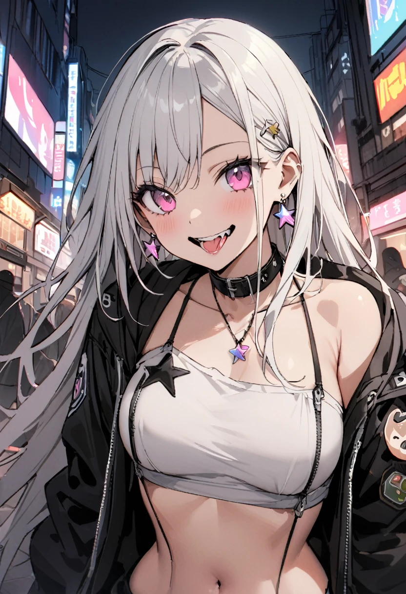 (masterpiece:1.2)、Highest quality、PIXIV、Rebellious girl、One girl、Open your mouth、鋭いteeth、teeth、Long Hair、Street background、gem、badge、ボタンbadge、Food、Pink Eyes、Earrings、Jacket、eyelash、Foodを下にして、star (symbol)、Upper Body、Characters in clothes、zipper、collar、cable、chain、tongue、Stickers、hoodie、smile、spike、Focus on the viewer、長いtongue、Chest in the center、Shoulder Bare、Belly button、Black and white hair color,Cyberpunk city,Night view,Black and white grey outfit