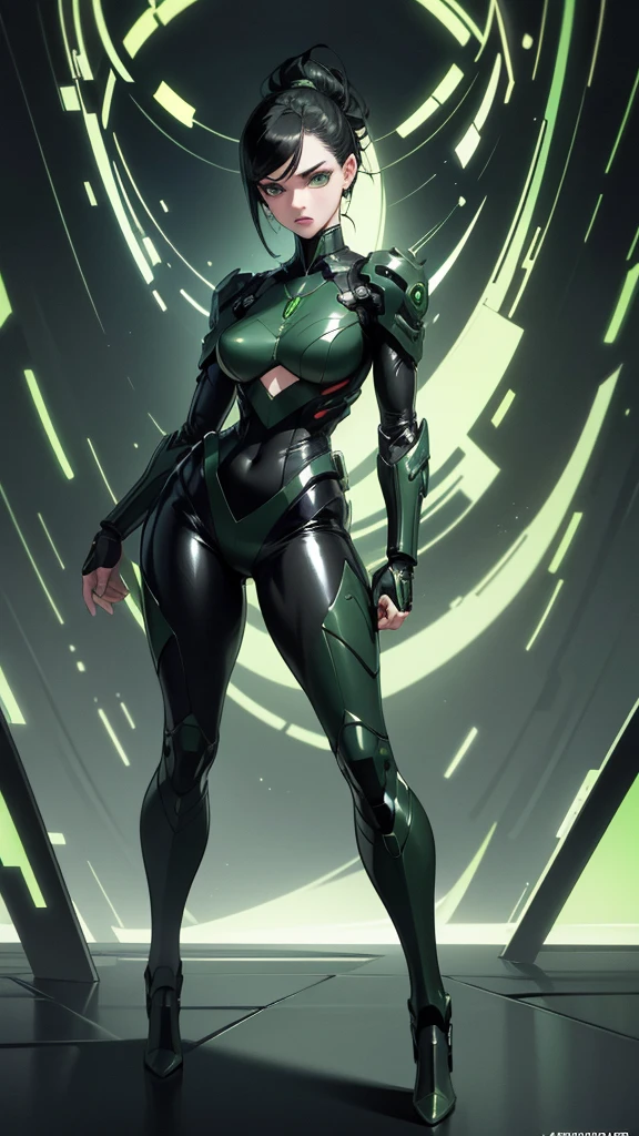 masterpiece, highest quality, (solo focus), (perfect face:1.1), (full body), (high detail:1.1), (hyper-detailed eyes), dramatic, a woman with pale skin and voluminous dark green-black hair, green eyes, solo, two-toned hair, arrogant expression, cybernetic outfit, art by artgerm, cinematic lighting, fashion, BalenciagaStyle