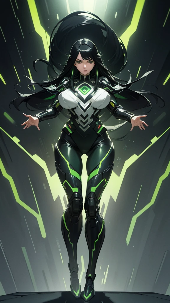 masterpiece, highest quality, (solo focus), (perfect face:1.1), (full body), (high detail:1.1), (hyper-detailed eyes), dramatic, a woman with pale skin and voluminous dark green-black hair, green eyes, solo, two-toned hair, arrogant expression, cybernetic outfit, art by artgerm, cinematic lighting, fashion, BalenciagaStyle