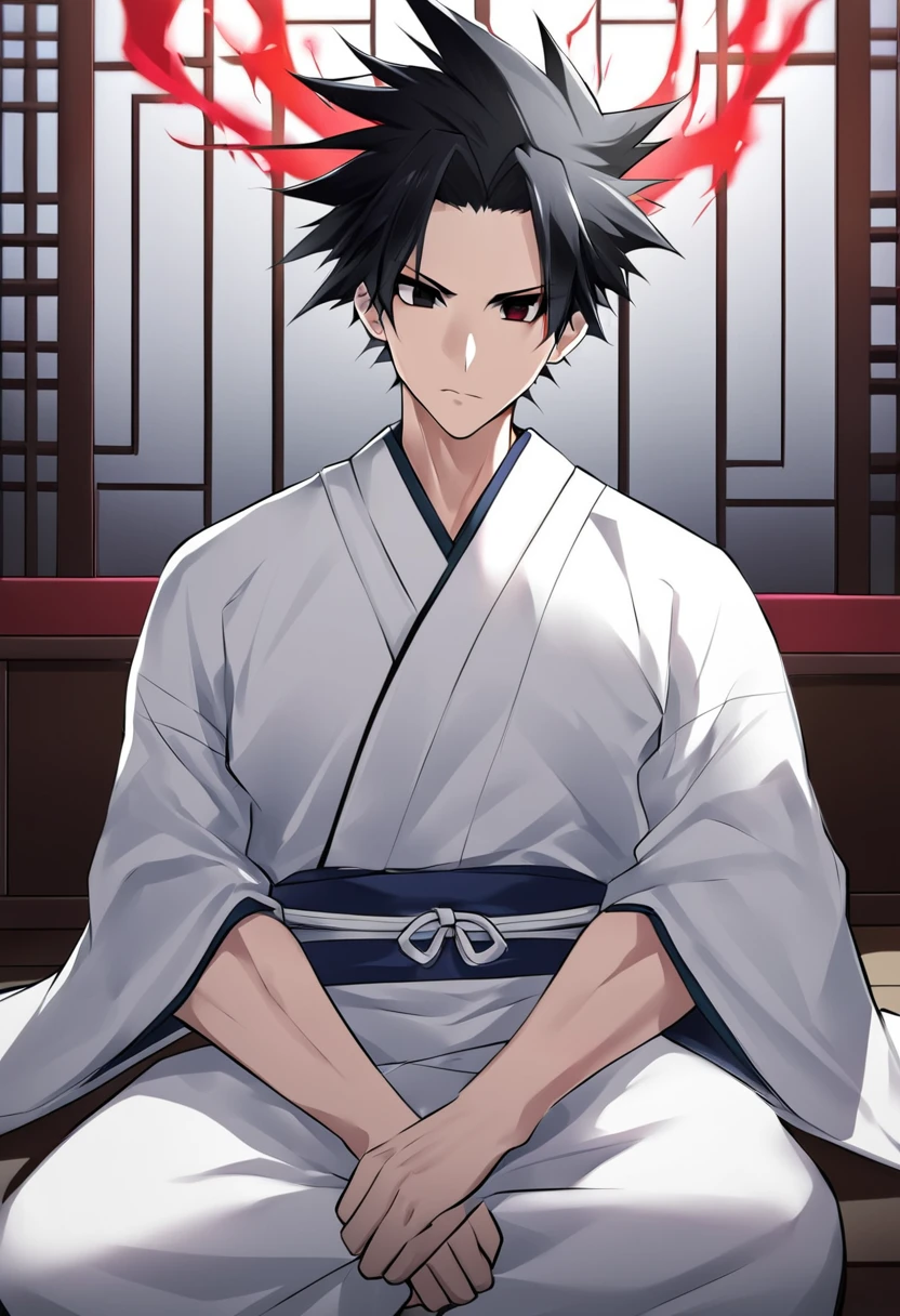 1boy, male focus, ponyzeldris, black hair, short hair, spiked hair, black eyes, red eyes, empty eyes,muscle, wearing white kimono with blue parts, sitting at the the dojo, dojo background, focused expression,closed eyes, Crossed legs, red aura around the body