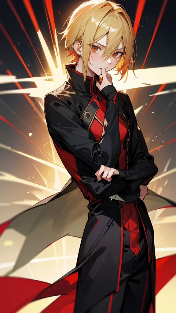 timochal2023, 1 men, brawny, o Matrix, anime clothes, hair blonde, black and red outfit, the eyes