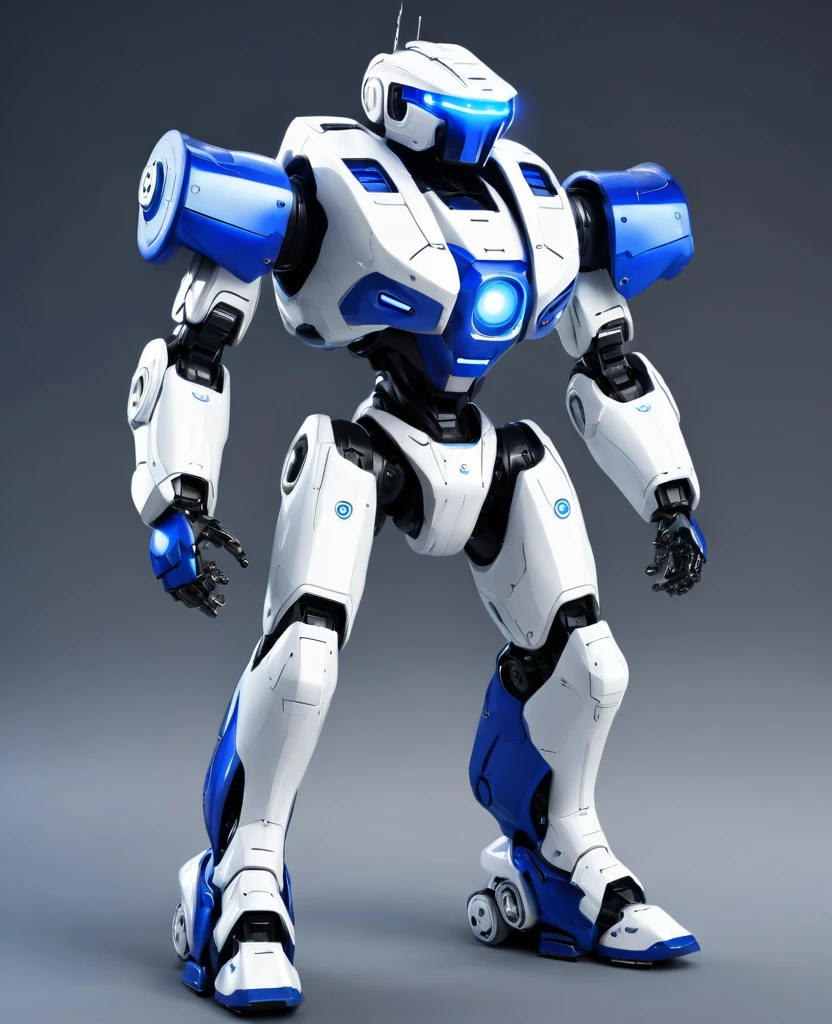 Robot war, blue and white, heroic, full body, robot war militia,