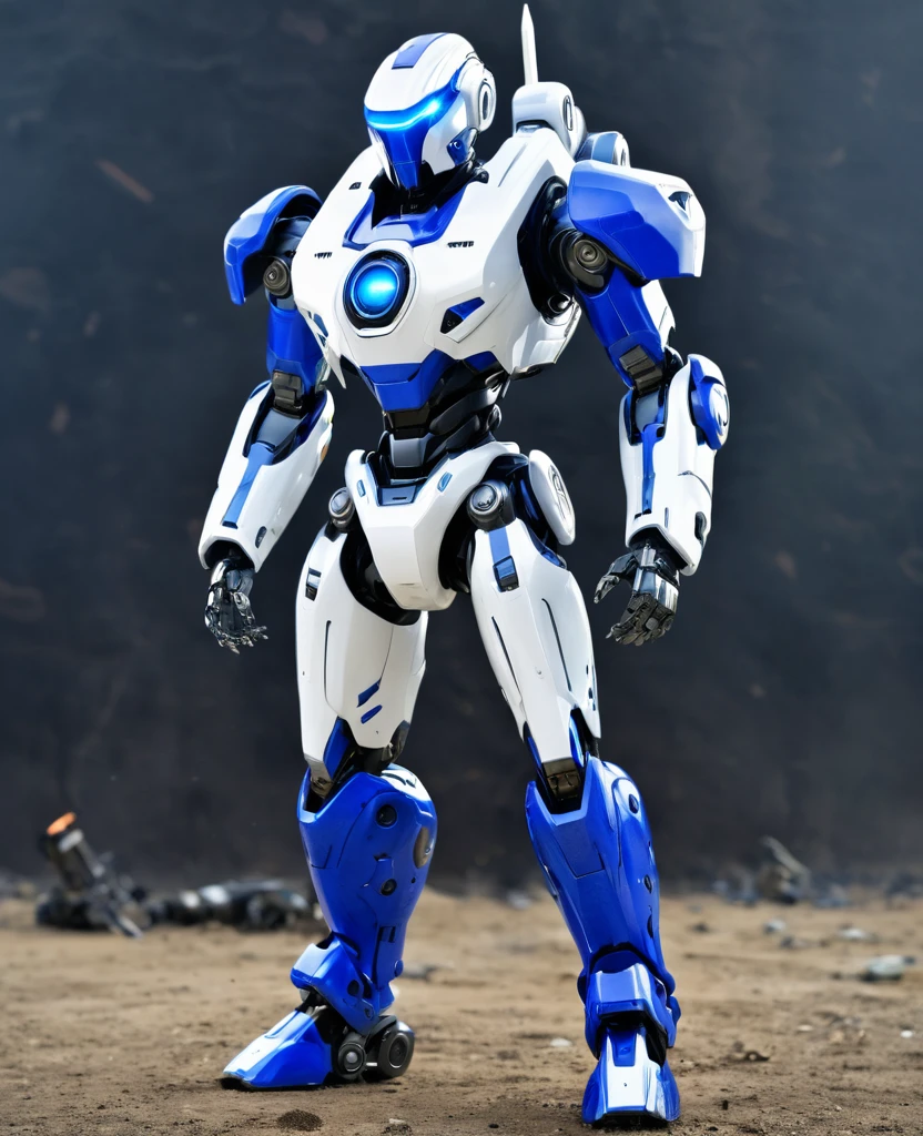 Robot war, blue and white, heroic, full body, robot war militia,