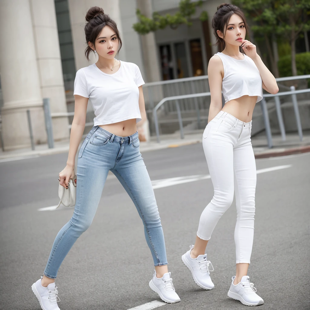 Pretty woman in a tight jean and white sports shoes.