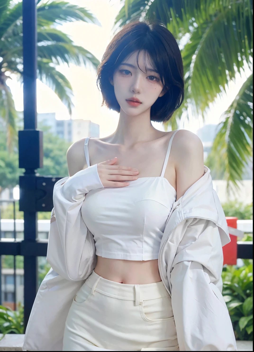 Beautiful woman with perfect figure:1.4,snow,Touching butt with both hands,snow背景,Layered Hairstyle,White skin,Prominent cleavage,Pleated Skirt,whole body,Very delicate face and skin texture,Double eyelids,Skin Whitening,Long white hair