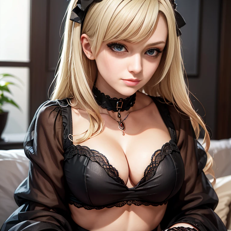 (score_9,score_8_up,score_7_up), source_anime, Gothic blonde Lolita, cleavage, midriff, long hair; sexy, cute, zPDXL2, being bored. 1girl, black chocker