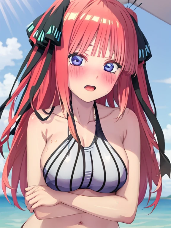 best quality, insanely detailed, nino nakano, breasts, blush, swimsuit, halterneck, striped, flower print swimsuit,
