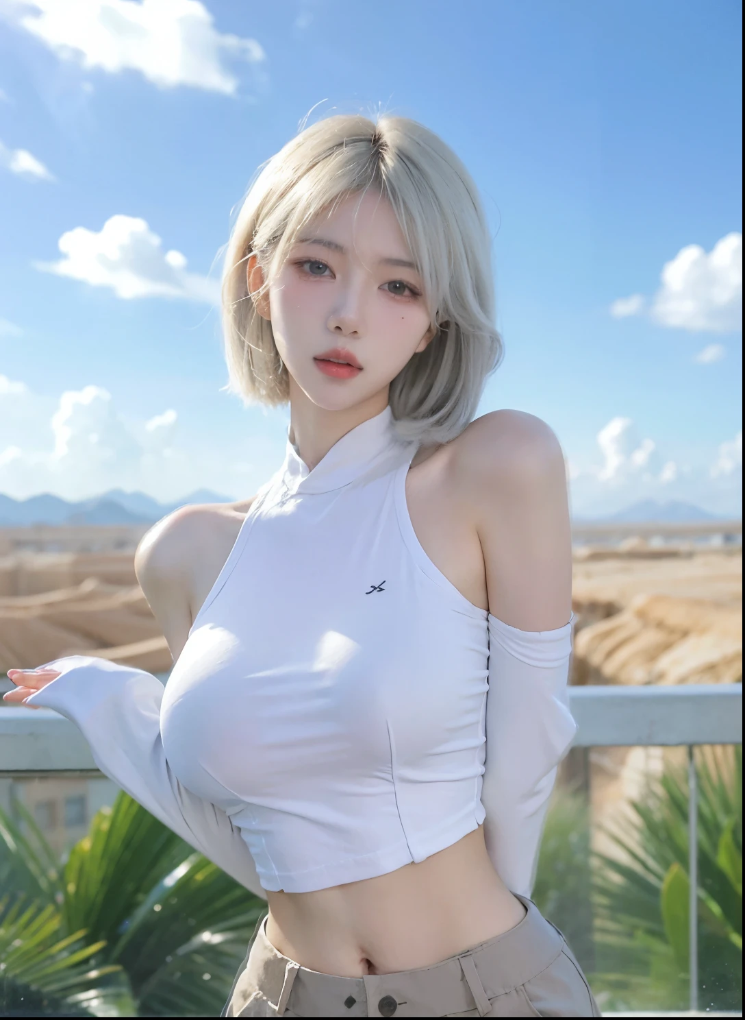 Beautiful woman with perfect figure:1.4,Desert Background,Desert Background,Ultra-high resolution,Seductive laughter,wear glasses,(lifelike:1.4),Layered Hairstyle,White皮肤,Super short pleated skirt,whole body,Very delicate face and skin texture,Double eyelids,Skin Whitening,Long hair,White hair,White,