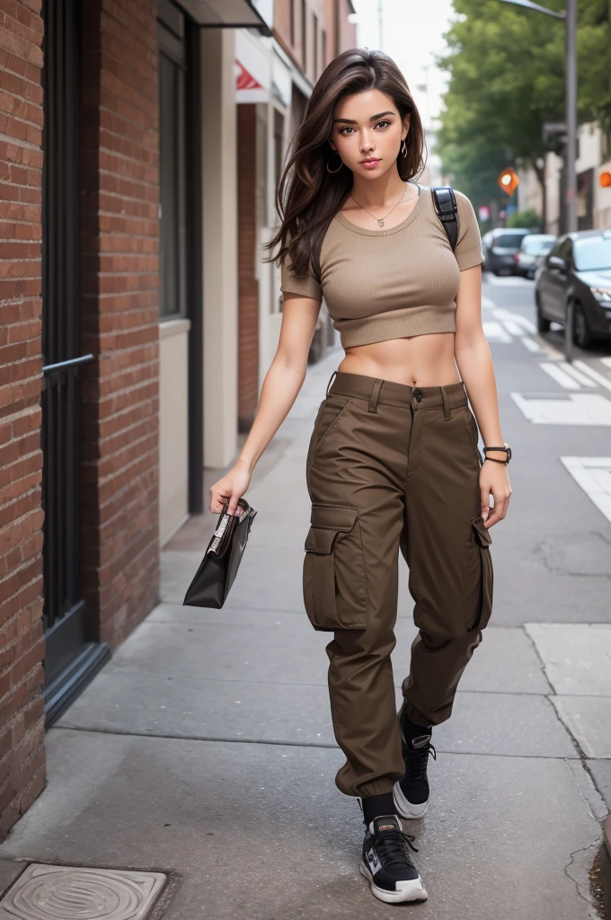 A hottie with brown eyes and dark brown hair and wearing cargo pants