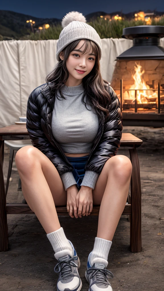 (((Night view)))、White Breath、Beautiful starry sky、In the mountains、smile、in the forest、winter、A lot of tents))、Sit on a chair in front of the fire、Stainless Steel Mug、Outdoor、(((Front open down jacket:1.1)))、Wear a sweater、Knitted hat、(((mini skirt)))、(Fluffy socks)、(Trekking shoes)、 table、((Big Breasts))、Steam rising from a mug、I feel it、Wavy long hair、((Black Hair))、High resolution、High resolution、In 8K、Real Live Action、RAW Photosgraphy、Highest quality、masterpiece、tableトップ、erotic,White skin,knees, Absurd,Small face、masterpiece,Highest quality、超High resolution,RAW Photos,One person, One personで,whole body、very nice、Japanese women,(Realistic:1.4)、Photon Mapping、Realistic、Beautiful woman、Physics-based chiselling、Qianfang、Depth of field rally background、 Soft Nose, Sparkling eyes、Glossy Lips、((Grab your skirt))、Spread your legs、(The detailed design of the black lace pink panties is visible.)、