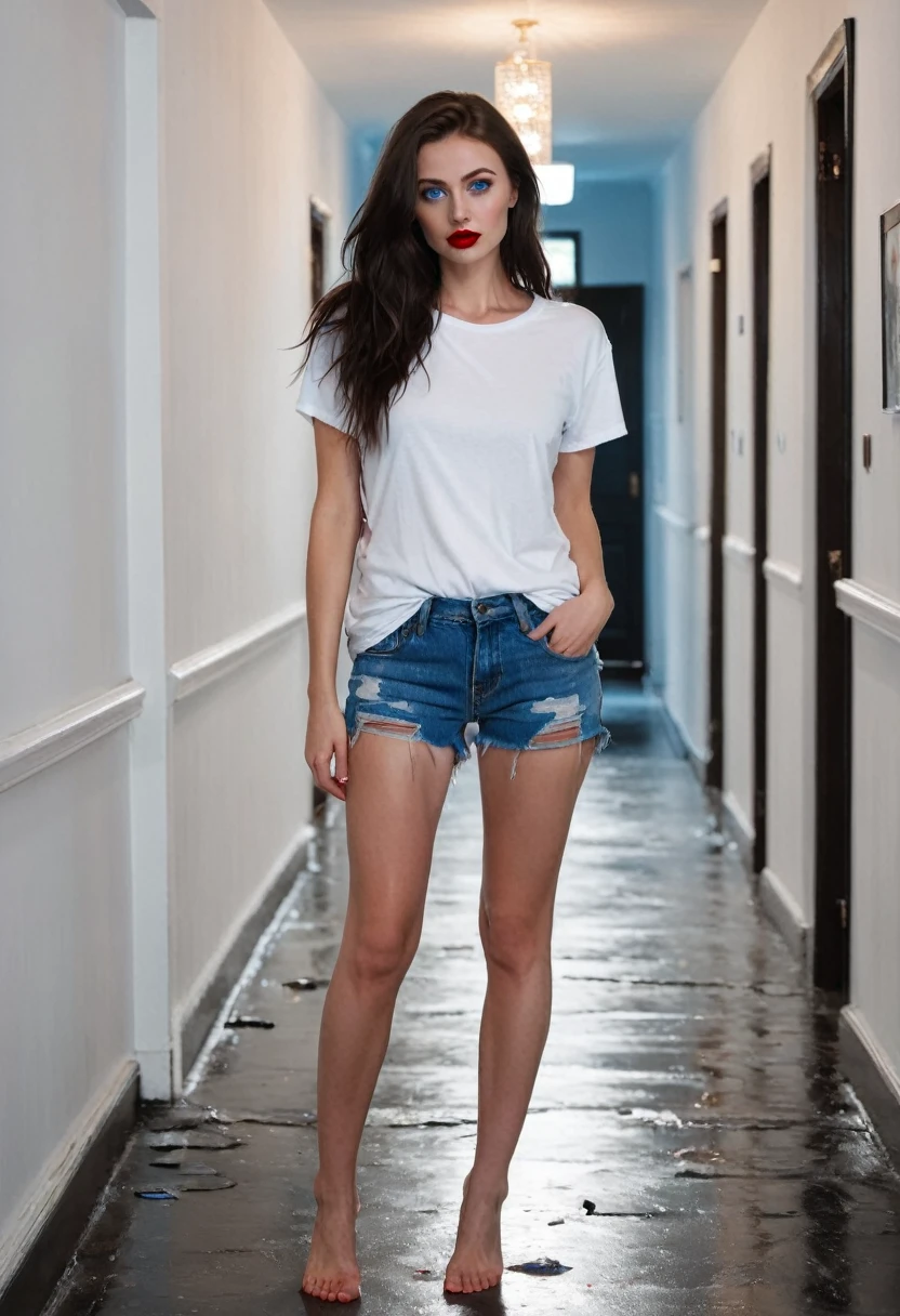 Masterpiece, realist, high resolution, high quality, 4k, cinematic lighting, Stunning brunette, bright blue eyes, smooth black fur, Ripped Skinny Denim Shorts, barefoot, He is wearing a tight white t-shirt, Big and swollen red lips., standing in a hallway.