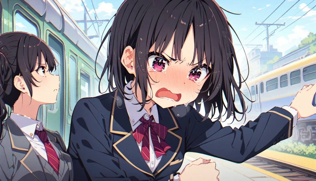 A girl with short black hair and small breasts in a blazer uniform is crying in disgust as a molester gropes her breasts from behind on a train