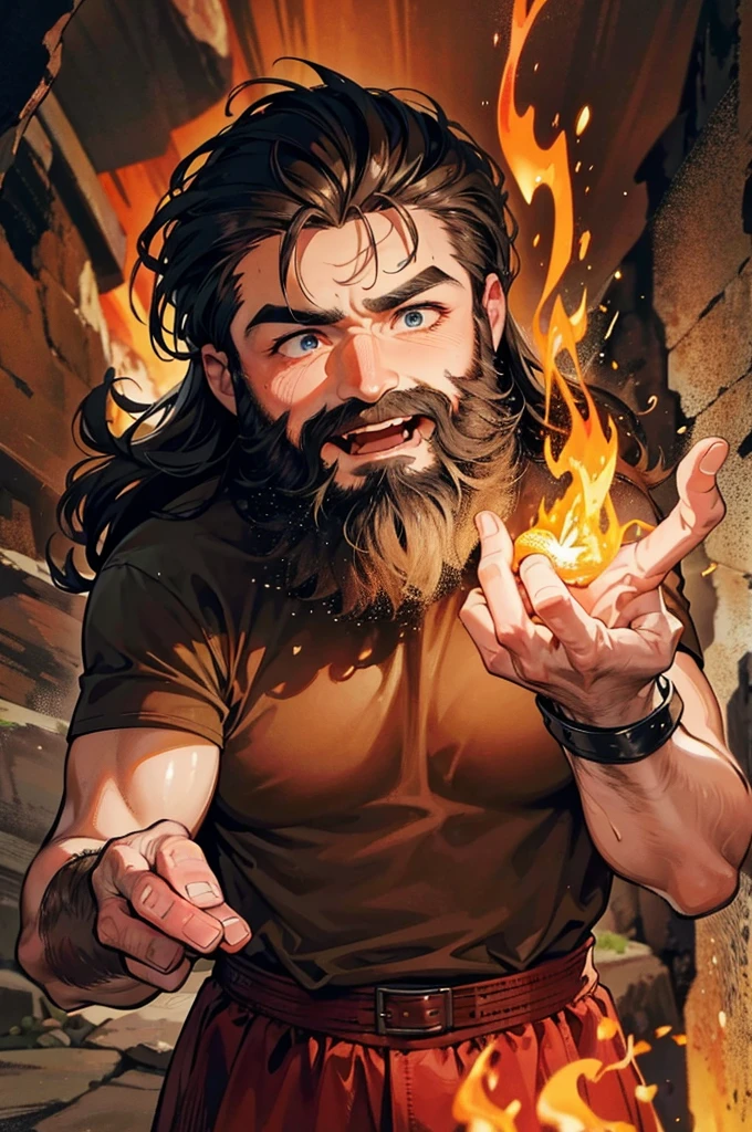 caveman inside a cave, discovering magic fire, prehistoric, fire coming from caveman's hand, magic, flame, discovery, astonishment, suprise, men, masculine, beard, messy