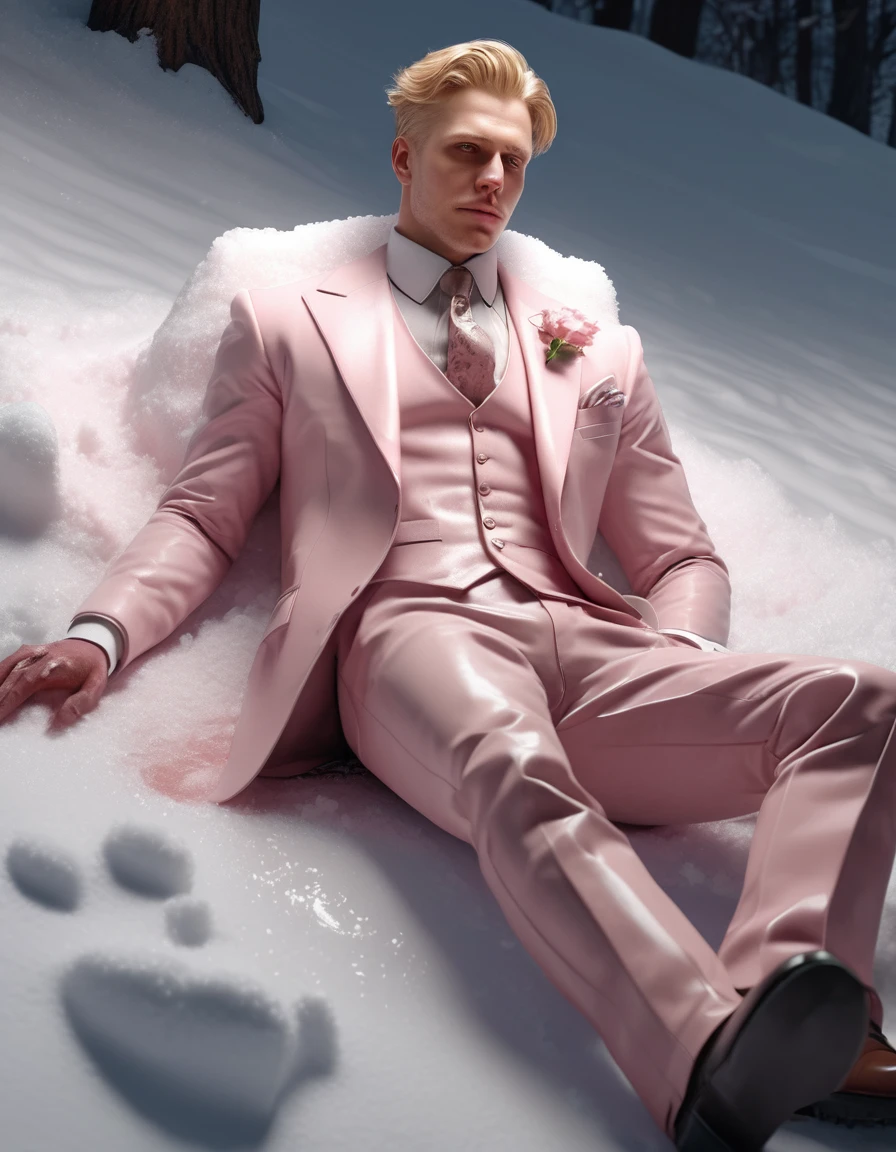 A pale blonde gentleman in light pink vested suit and tie, leather boots, lying wounded on the snow, leyendecker style, 8k resolution concept art portrait dynamic lighting hyperdetailed intricately detailed splash art trending on artstation unreal engine 5 volumetric lighting, 4K, super detail, anatomically correct, high details, best quality