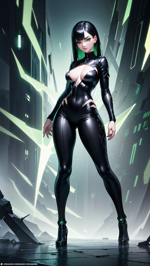 masterpiece, highest quality, (solo focus), (perfect face:1.1), (full body), (high detail:1.1), (hyper-detailed eyes), dramatic, a woman with pale skin and voluminous dark green-black hair, green eyes, solo, two-toned hair, arrogant expression, cybernetic outfit, art by artgerm, cinematic lighting, fashion, BalenciagaStyle