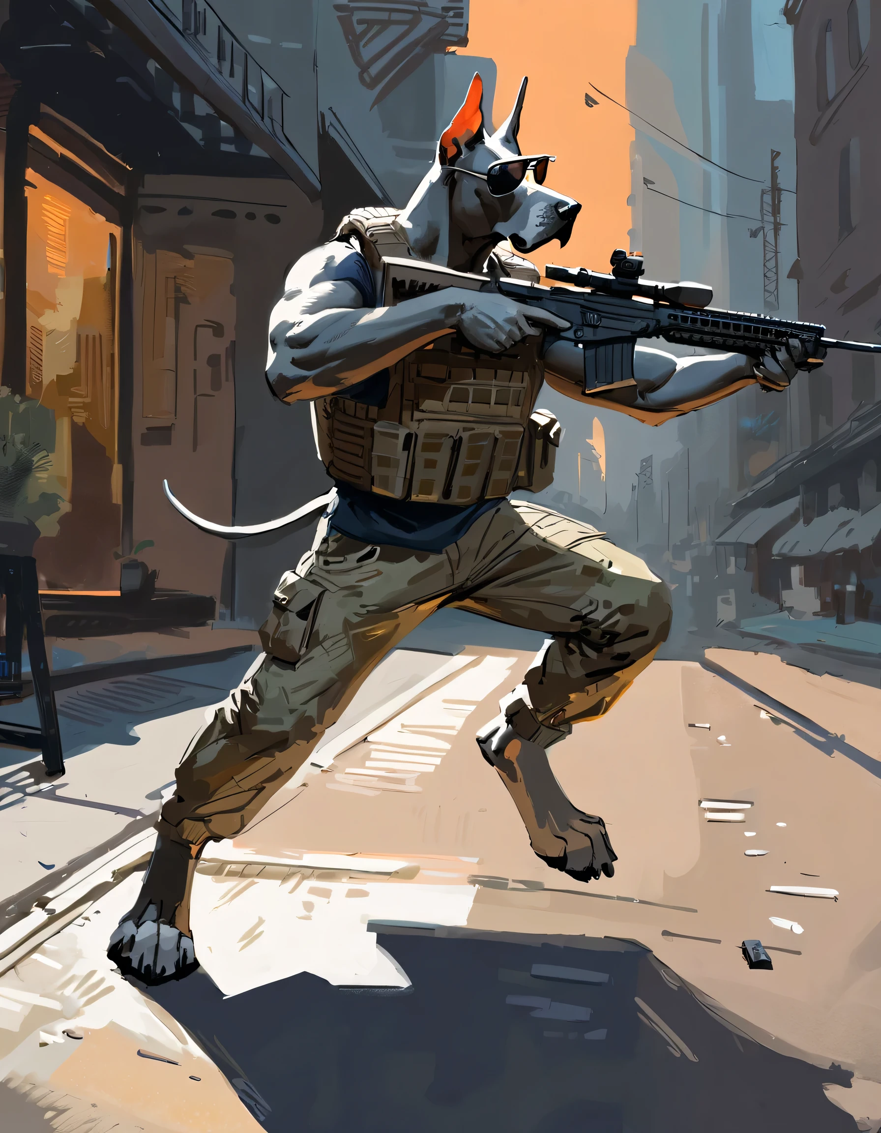 (Great Dane), (solo), male, anthro, digitigrade, (by seyorrol), (tail:1.1), (perfect hands), ((intricate detailed background, urban street background, dusk)), mysterious shadows), realistic shading, (epic, masterpiece, high quality, 8k, ultra HD, absurd res, top quality, best quality, max quality, masterpiece), ((thick fur, (masculine body))), correct anatomy:1.2, sexy, standing, bullet proof vest, confident, on one knee, full body, pants, ((((wearing sunglasses)))), aiming rifle,