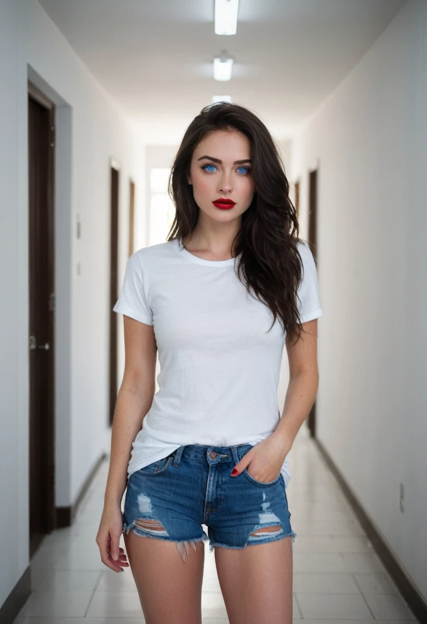 Masterpiece, realist, high resolution, high quality, 4k, cinematic lighting, Stunning brunette, bright blue eyes, smooth black fur, Ripped Skinny Denim Shorts, barefoot, He is wearing a tight white t-shirt, Big and swollen red lips., standing in a hallway.