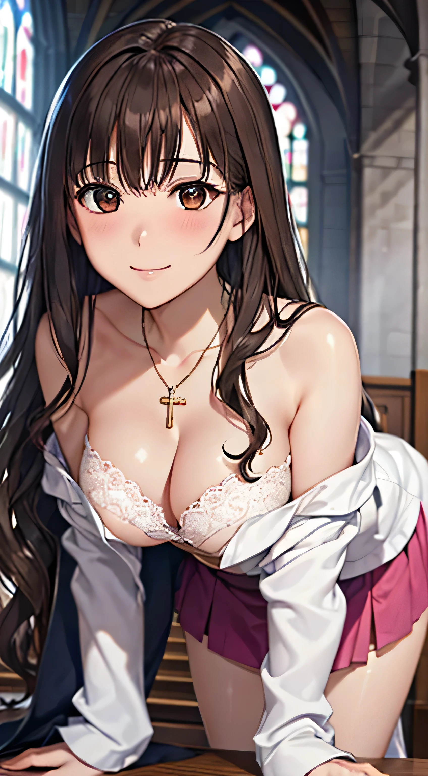 ((Tabletop, Highest quality, High resolution, , Pixel Perfect, 4K,))), 1 female, 、The whole body is visible、 ((Long Wavy Hair, bangs, Brown Hair)), ((Brown eyes, Beautiful eyelashes, Realistic eyes)), ((Detailed face, Blushing:1.2)), ((Smooth texture:0.75, Realistic texture:0.65, Realistic:1.1, Anime CG Style)), Medium sized breasts, Dynamic Angle, Perfect body, (( , , Beautiful Priest、、 Priest off-shoulder jacket、Priest Flare Skirt、、)), Gold Hair Ornament、Cross Necklace、、Very embarrassing panic smile, 、Gorgeous church basilica、、Hold a big Bible、Leaning forward、Stick your butt out、Lace pink panties、Sitting on the floor、Nipples are slightly visible、、、、、 、Angle from below)、