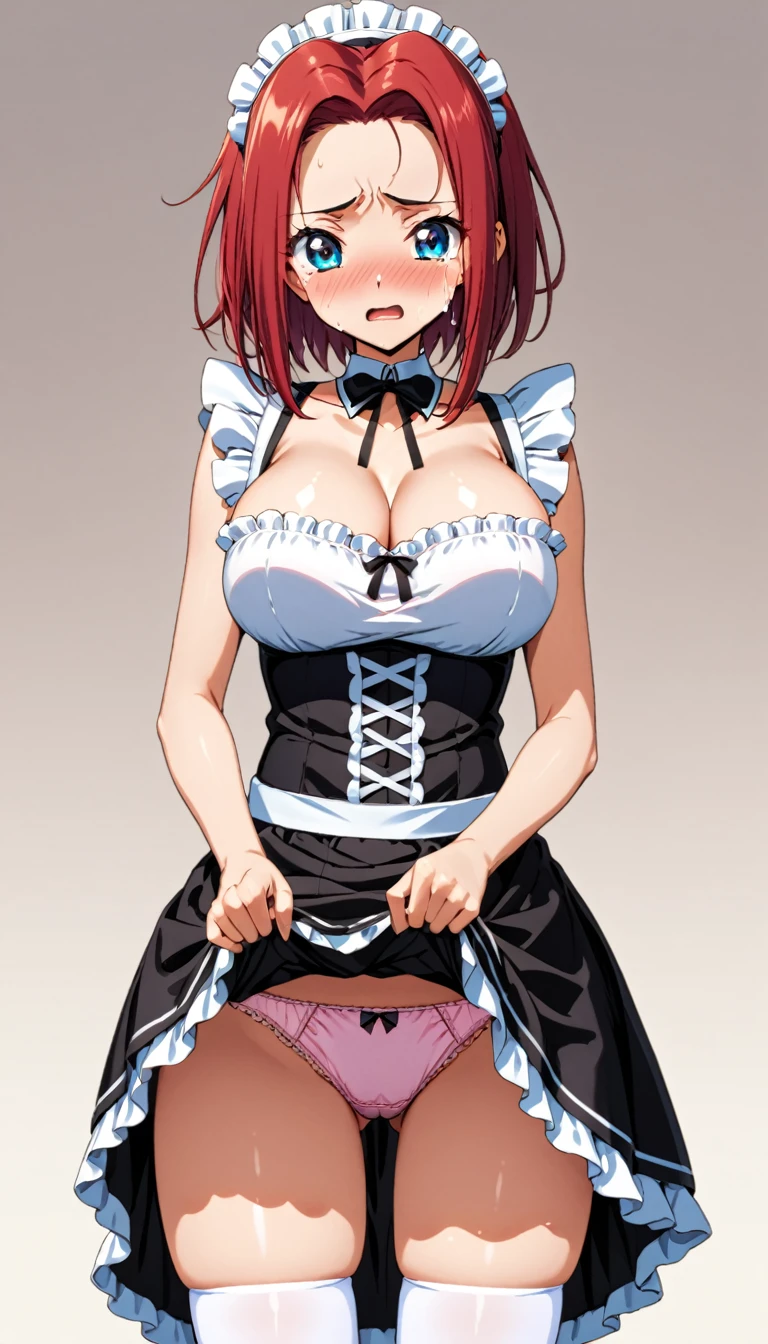 (TVanime,Cel painting style),(Accurate hands、Five fingers),cowboy shot,(KallenStadfeldXL, blue eyes, red hair, short hair, parted bangs, large breasts,Cleavage, zettai ryouiki, mini skirt,maid uniform,black skirt, white thighhighs, black shoes),(Blushing, embarrassed,tears、Glare),(very embarrassing:1.4),Bedroom,(skirt lift, lifted by self),Frilled Panties