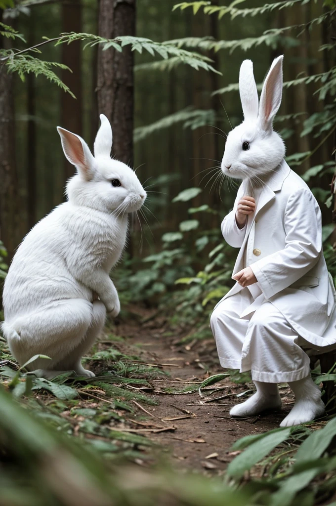 A white rabbit chatting with a in the forest ((cheered up))
