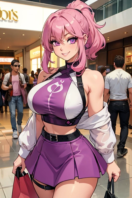 A pink haired with a violet eyes with an hourglass figure in a crop top and short skirt is shopping in the mall with a big smile and her hair in a ponytail