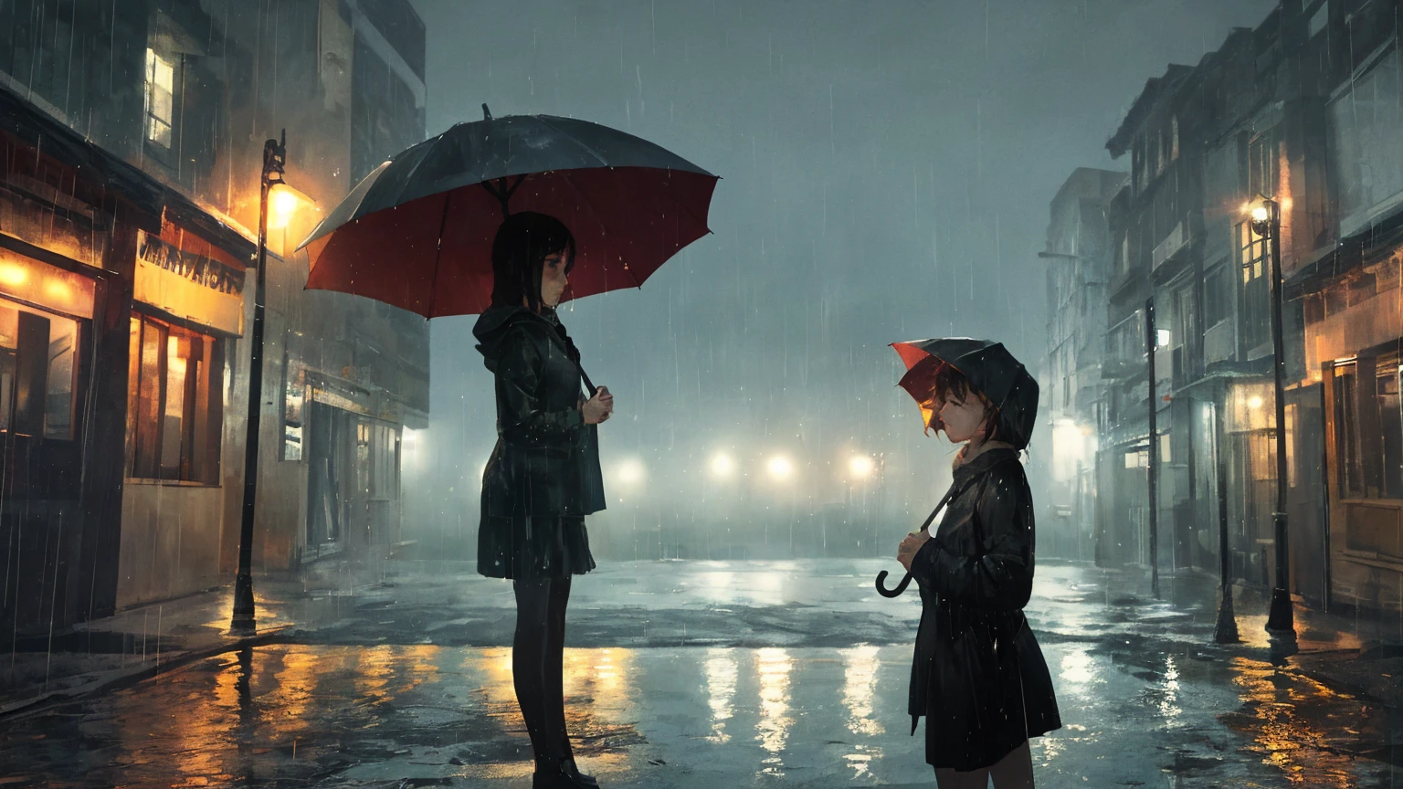"Set in a cinematic 16:9 aspect ratio, envision a rainy day scene capturing a mood of solitude and reflection. A girl with a yellow umbrella stands at the edge of a quiet street, her silhouette framed against the misty backdrop of urban buildings blurred by rain. The atmosphere is tinged with melancholy, emphasized by the soft, diffused light and the gentle patter of raindrops. The girl's expression suggests a blend of introspection and resilience, as she gazes into the distance, her umbrella casting a warm glow amid the cool, rainy ambiance."