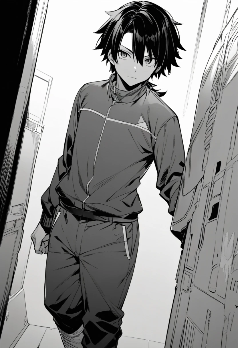 yuto_sano, 1boy, solo, black hair, standing, greyscale, monochrome