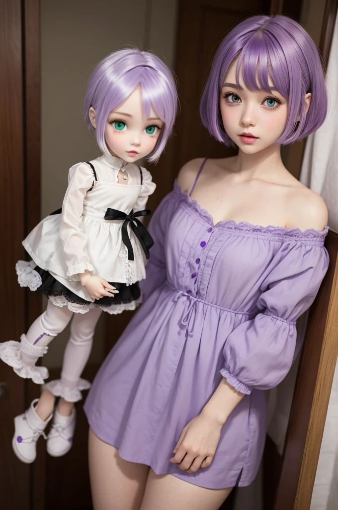 I want a girl with green eyes, white skin, purple hair, short hair, wearing a doll