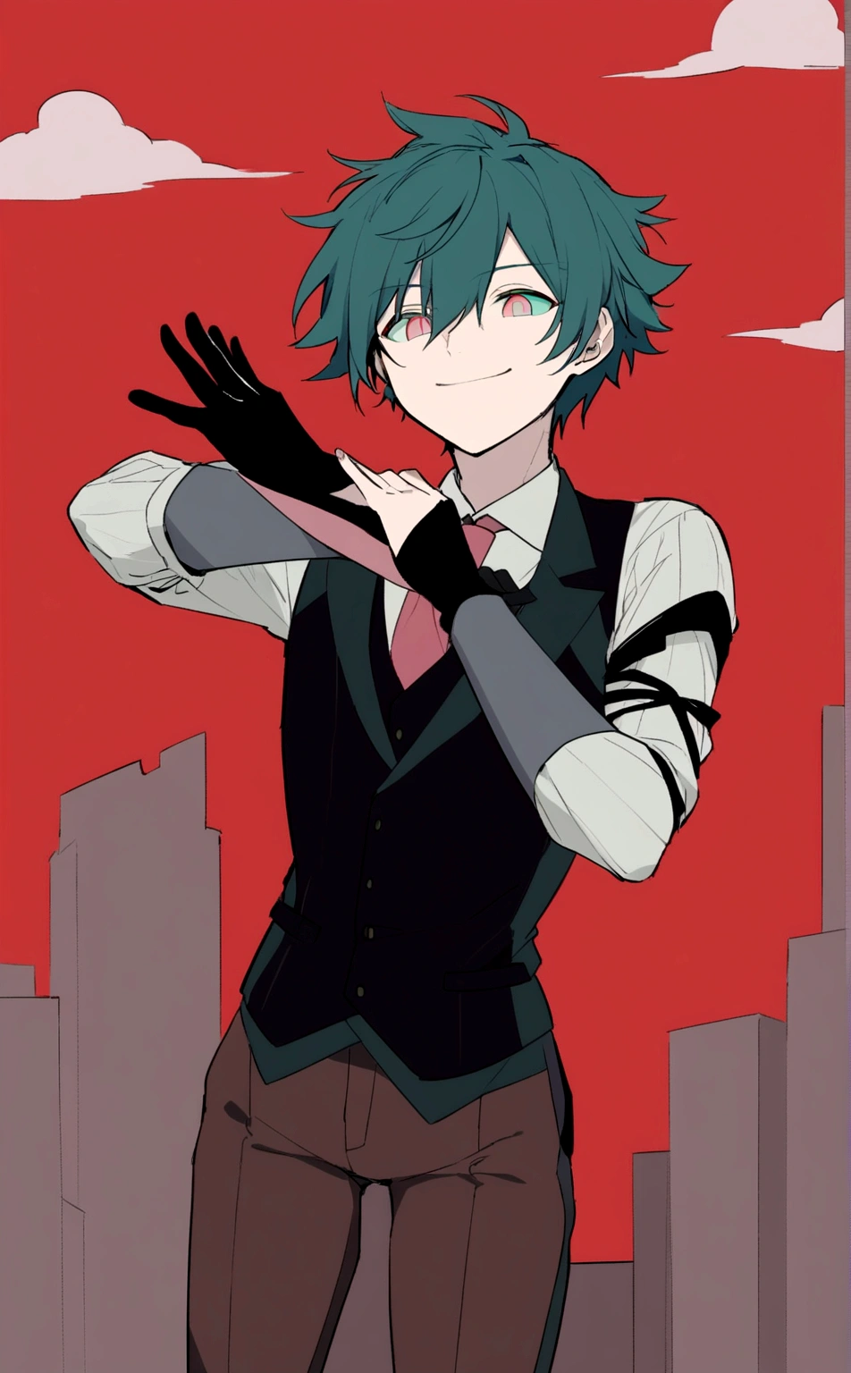 Young pale skinned boy, red eyes, dark purple hair with a sleek cut;
dressed in a three-piece suit consisting of elegant all-black pants and vest, a long coat with a black exterior and a red interior, the edge of the coat like the golden shoulder pads, an elegant purple shirt and a red tie, with elegant black ankle boots.
In a pose with legs slightly apart and arms open at shoulder level, smiling evilly and arrogantly.
Behind him is a city with some buildings destroyed and others enveloped in blue flames.