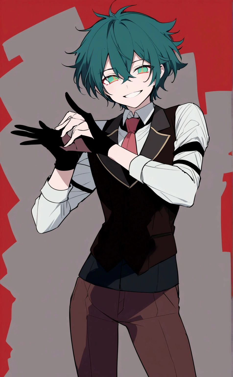 Young pale skinned boy, red eyes, dark purple hair with a sleek cut;
dressed in a three-piece suit consisting of elegant all-black pants and vest, a long coat with a black exterior and a red interior, the edge of the coat like the golden shoulder pads, an elegant purple shirt and a red tie, with elegant black ankle boots.
In a pose with legs slightly apart and arms open at shoulder level, smiling evilly and arrogantly.
Behind him is a city with some buildings destroyed and others enveloped in blue flames.