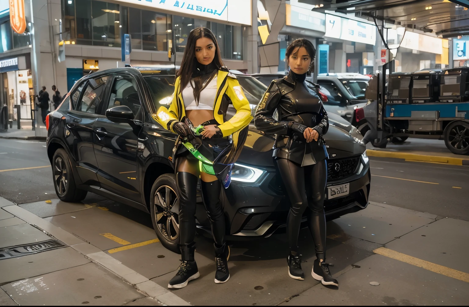 (Best quality, 8k, 32k, Masterpiece, UHD:1.2), "Transform the scene into a vibrant, futuristic street bustling with high-tech marvels. Picture a sleek, neon-lit avenue in a sprawling metropolis, where towering skyscrapers adorned with holographic advertisements and digital billboards line the streets. The atmosphere is alive with the hum of advanced technology and the glow of colorful lights reflecting off polished surfaces.

In the center of the scene, a flying hover car, with a streamlined design and illuminated undercarriage, hovers gracefully above the ground. Its sleek form and cutting-edge features epitomize the advanced transportation of this high-tech world.

Beside the hover car, stand iconic women from Valorant, each exuding confidence and power. Capture their distinct appearances, with futuristic outfits and gear that blend style and functionality. Radiant neon lights accentuate their features, casting an otherworldly glow. Highlight their unique abilities and personas through subtle visual cues like faint energy auras or holographic displays emanating from their gear.

The street itself is a blend of ultra-modern infrastructure and bustling urban life. Pedestrian walkways are interspersed with interactive digital kiosks and robotic vendors, while drones zip through the air, delivering goods. The environment is dynamic, with a palpable sense of movement and energy.

Capture the essence of a futuristic world teeming with life and technological advancements, where the presence of the Valorant characters adds a layer of excitement and intrigue. The scene should evoke a sense of wonder and anticipation, showcasing the seamless integration of advanced technology and dynamic characters."

Capture the essence of romance and futuristic innovation, highlighting the perfect blend of tradition and modernity. The scene should evoke a sense of warmth, intimacy, and sophisticated elegance, creating an unforgettable dining experience."