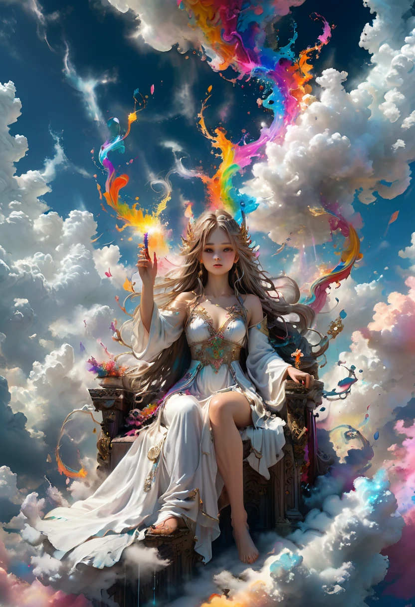 (Throne of Power), Fantasy style, a fairy with long hair reaching her waist and dressed in a flowing white robe sits on a soft cloud throne, waving colorful brushes in her hands to create dreamy scenes. The background is endless sky, (Photography), award-winning, cinematic still, emotional, vignette, dynamic, vivid, (masterpiece, best quality, Professional, perfect composition, very aesthetic, absurdres, ultra-detailed, intricate details:1.3)
