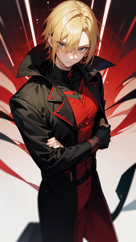 timochal2023, 1 men, brawny, o Matrix, anime clothes, hair blonde, black and red outfit, the eyes