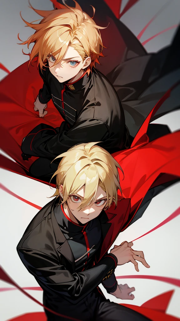 timochal2023, 1 men, brawny, o Matrix, anime clothes, hair blonde, black and red outfit, the eyes